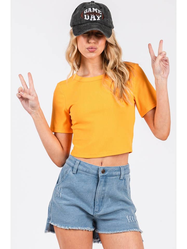 RIBBED ROUND NECK SHORT SLEEVE BASIC CROP TEE for wholesale by mittoshop