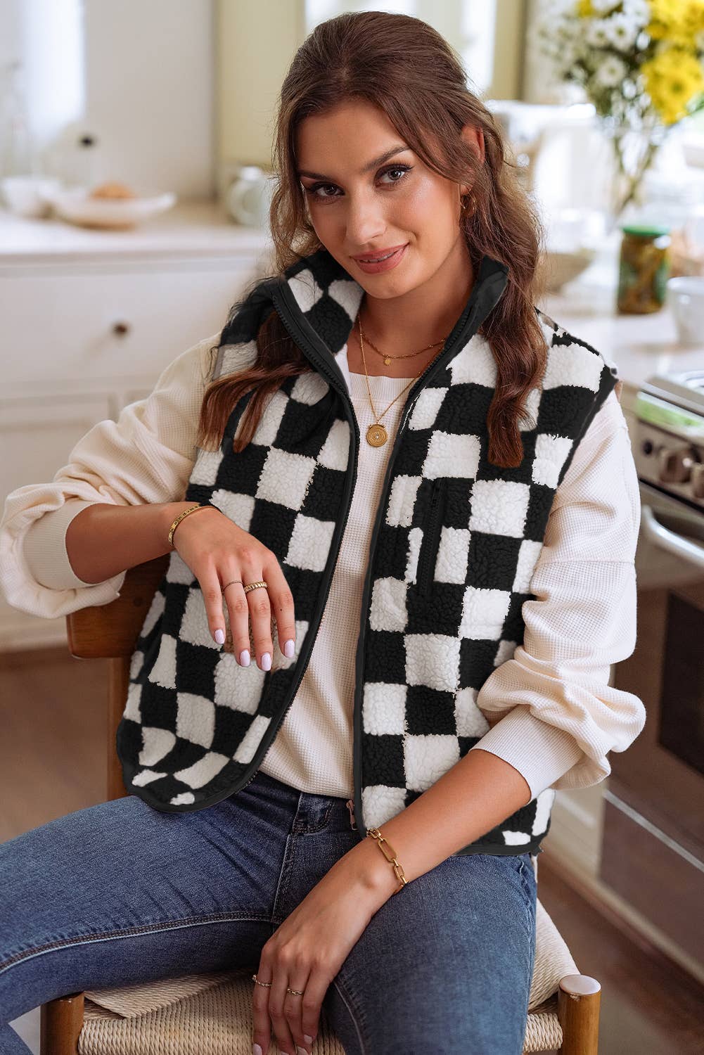 1 the Woman - Wholesale Outerwear Vest - Women's - Checkered Sherpa Collared Jacket Vest6