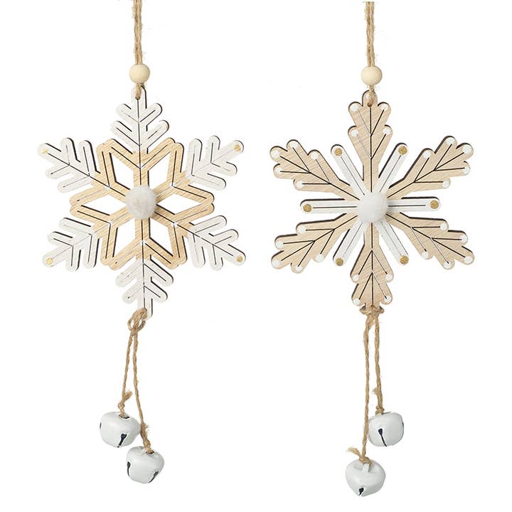 WOODEN SNOWFLAKE HANGERS WITH BELLS for wholesale by Heaven Sends