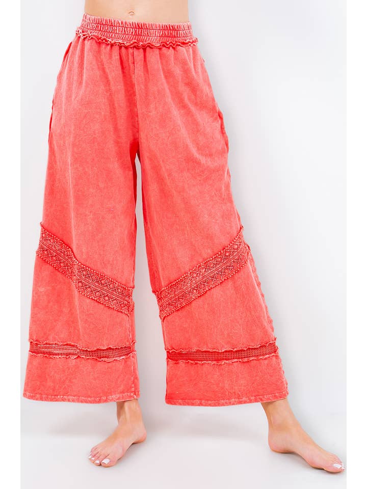 J.Her - Wholesale Pants - Women's - MineralWash Wide leg Pants with Boho Trims HP5716.