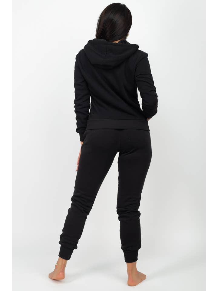 Black 2BFREE FLEECE ZIP UP FUR TRIM HOOD SWEATSUIT for wholesale on Faire2