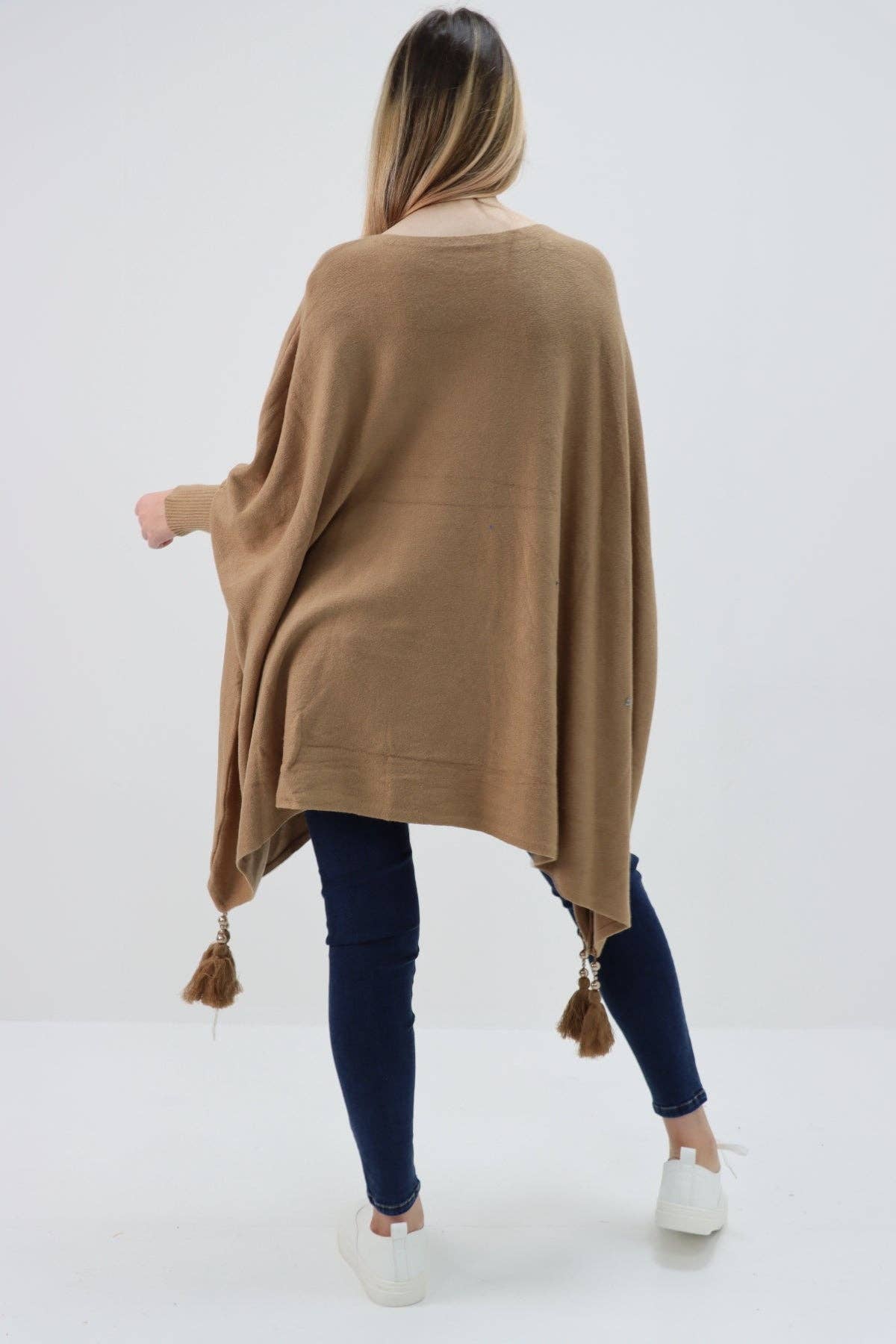 Miss Bold - Wholesale Poncho - Women's - Italian Plain Batwing Sleeves Tassels Tunic Poncho8