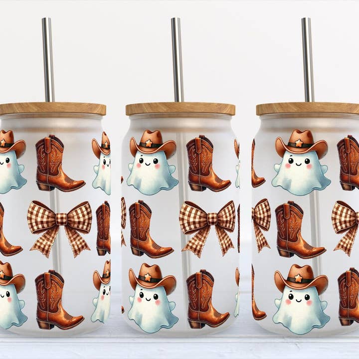 Bottes Fantômes d'Halloween Occidentales Nœuds 16oz Givré Libbey pour la vente par Kate Haven Glass Tumblers for Every Occasion