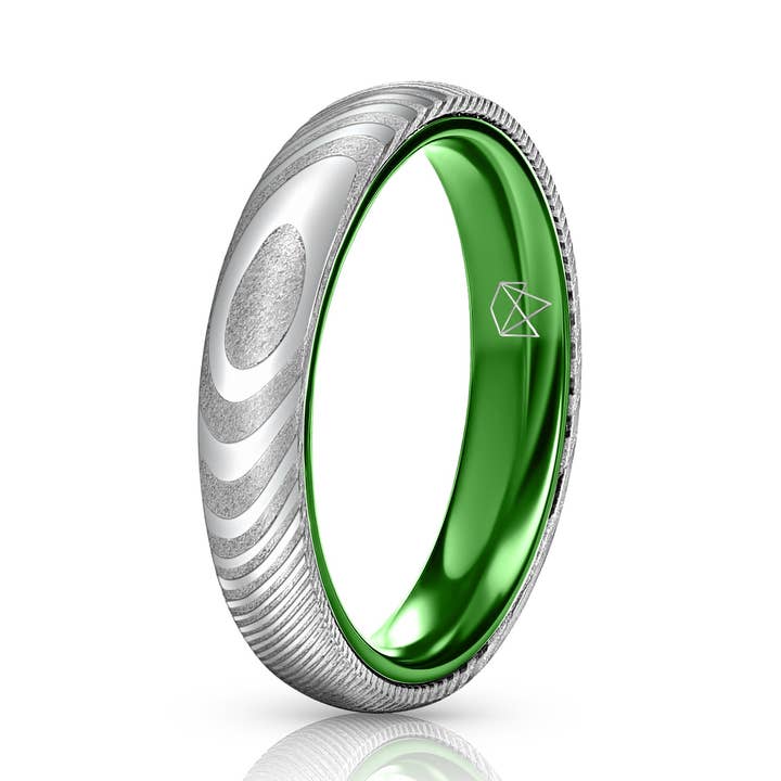 Wood Grain Damascus Steel Ring - Resilient Green - 4MM for wholesale by EMBR