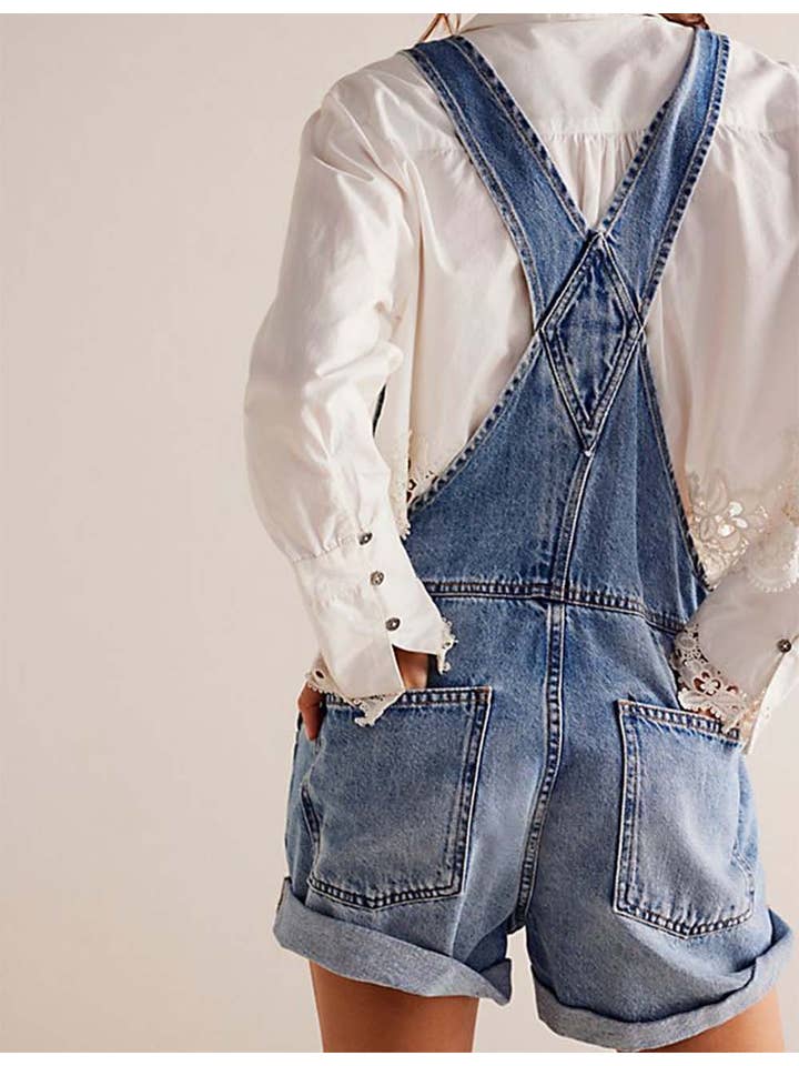 Sweetkama - Wholesale Romper - Women's - Ladies Solid Color Pocket Roll Denim Romper2