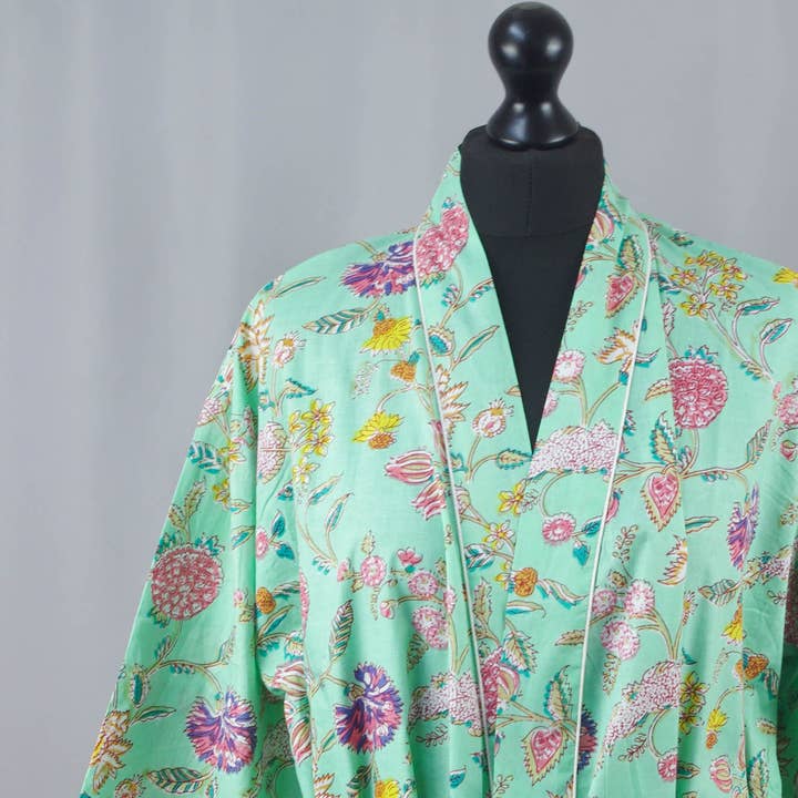 Cotton Kimono Dressing Gown Robe - Mint Wild Flowers for wholesale by Kantha Decor