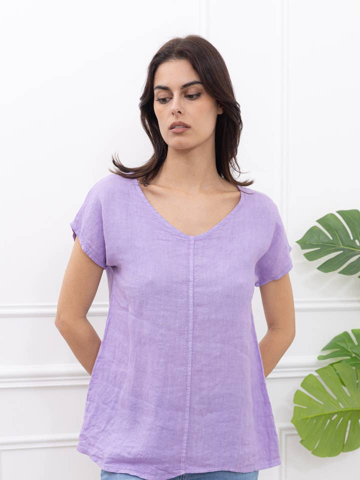 Linen V-Neck Short Sleeve T-Shirt for wholesale by Happy look