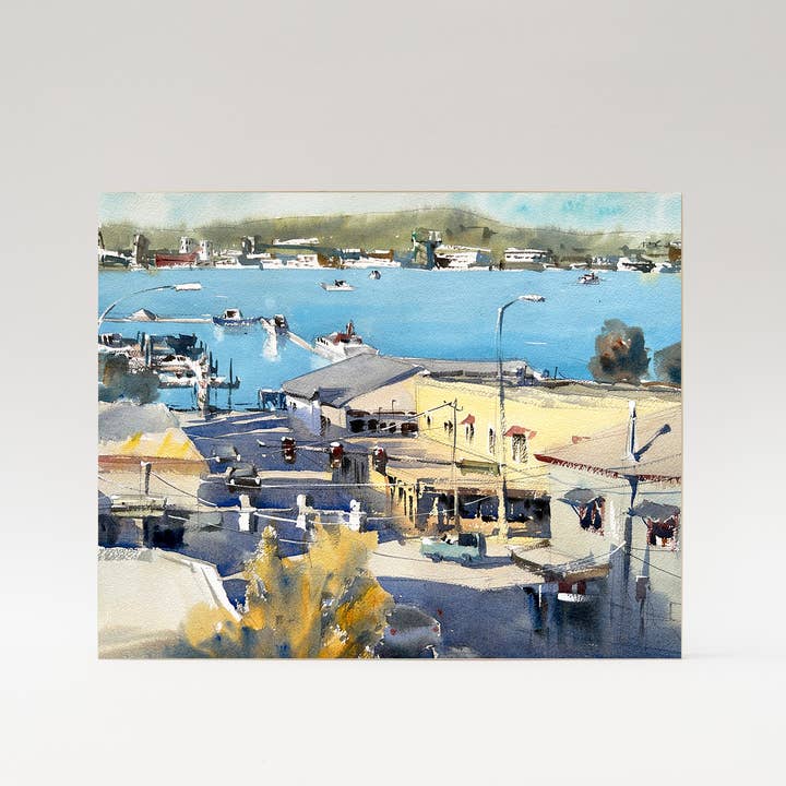 "Port Orchard Waterfront" woodblock wall art for wholesale by Ina Xi Watercolor