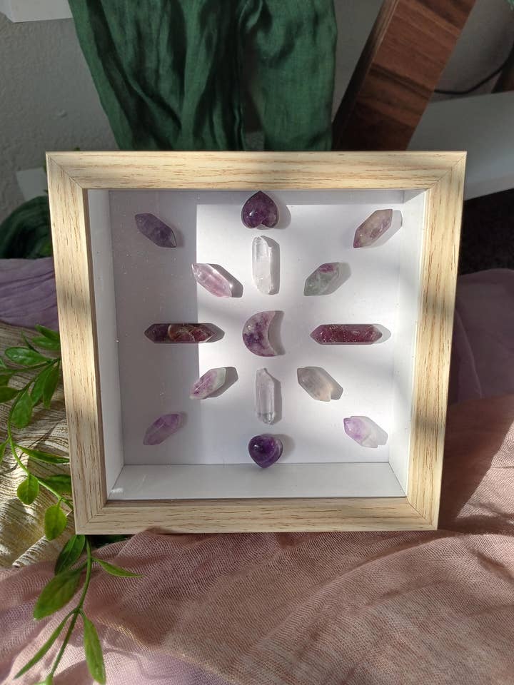 Crystal Grid Shadow Box with Fluorite, Lepidolite, Amethyst for wholesale by moon and mantras