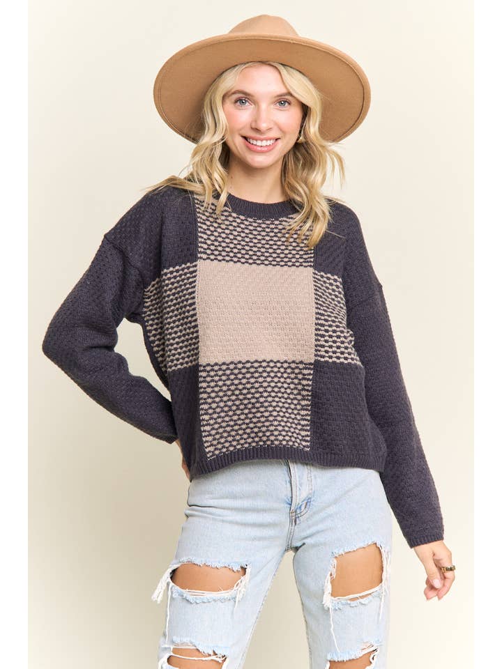 Madelyn - Wholesale Knit Sweater - Women's - LESW4174-COLORBLOCK CREWNECK SWEATER