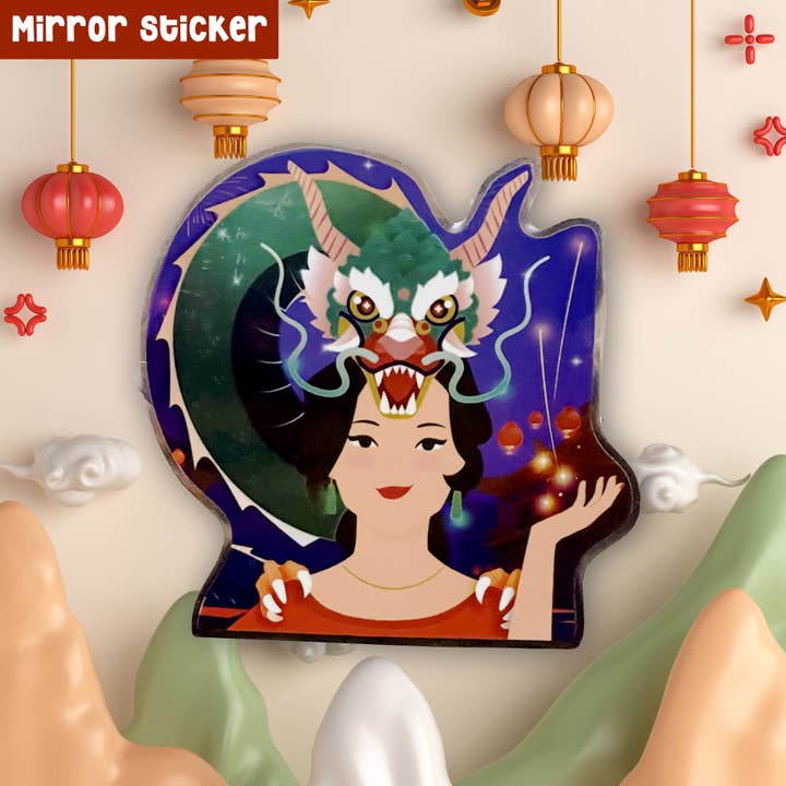 Spiegelaufkleber Mystischer Drachen-Dame, Kunst zum Mondneujahr für den Großhandel von Neha Lee Designs