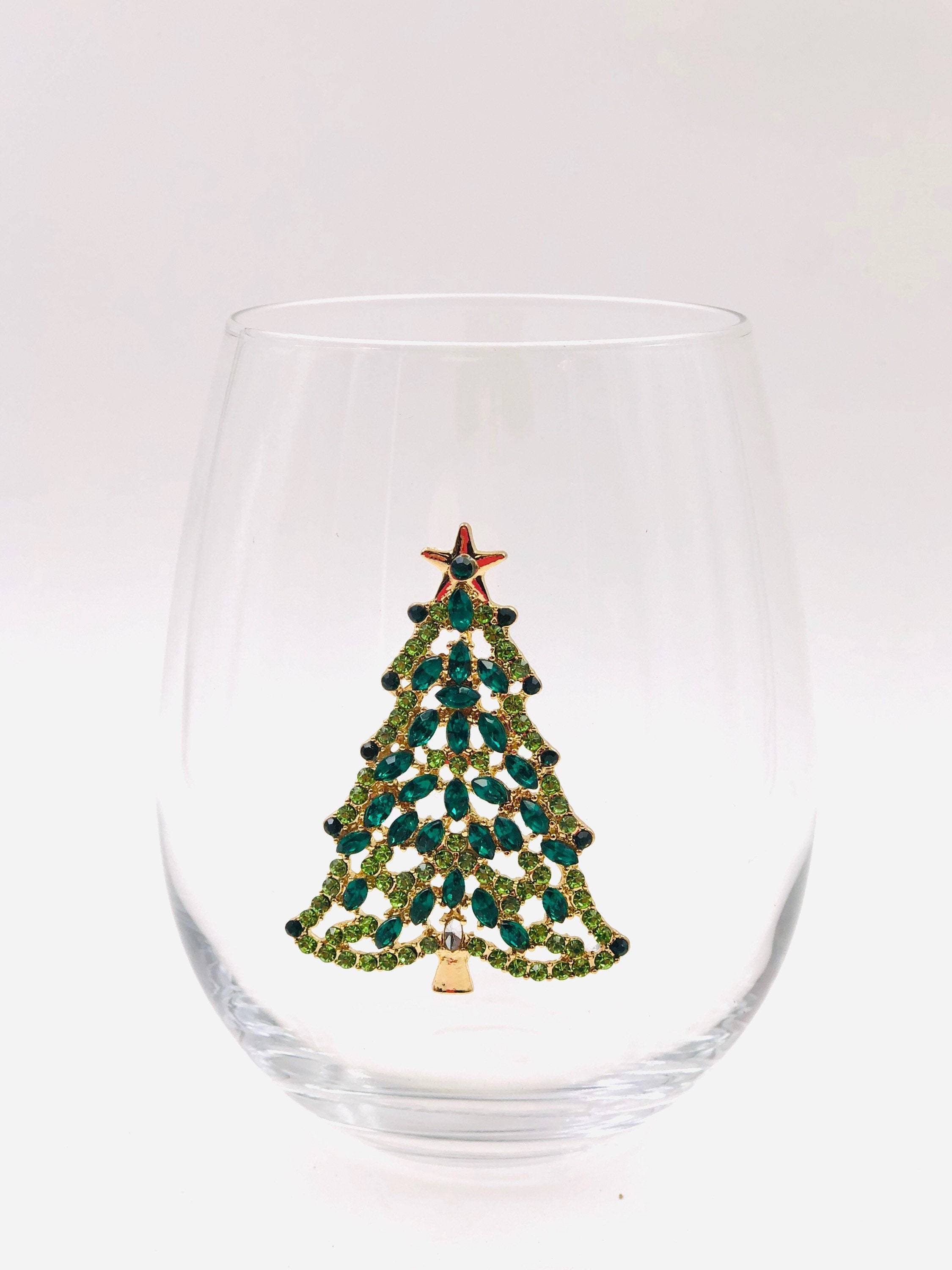 Jersey Art Glass - Wholesale Wine Glass - Bedazzled Christmas Tree Wine Glasses (Set of 2)5