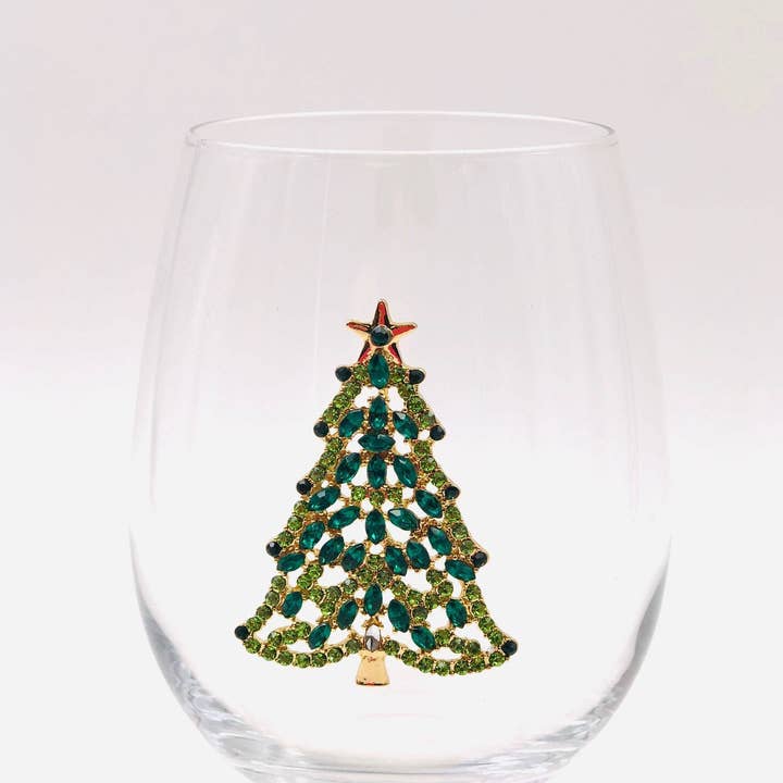 Jersey Art Glass - Wholesale Wine Glass - Bedazzled Christmas Tree Wine Glasses (Set of 2)5