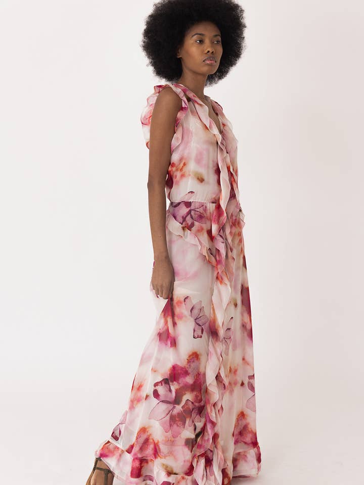 Maxikleid aus Chiffon mit Rüschen und Blumenmuster für den Großhandel von ANT WOMAN COLLECTION