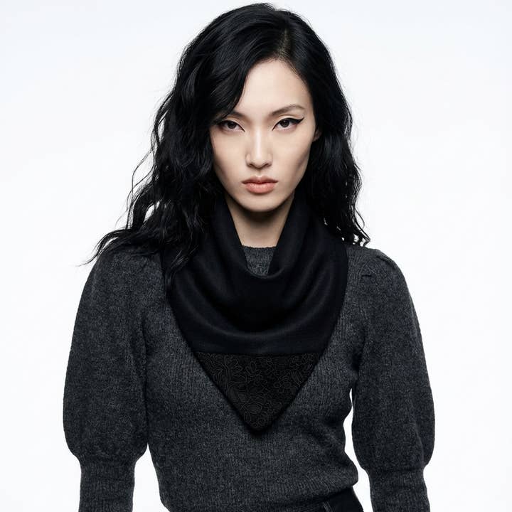 Black Wool with Lace Panel Neckerchief for wholesale by Sumie Tachibana