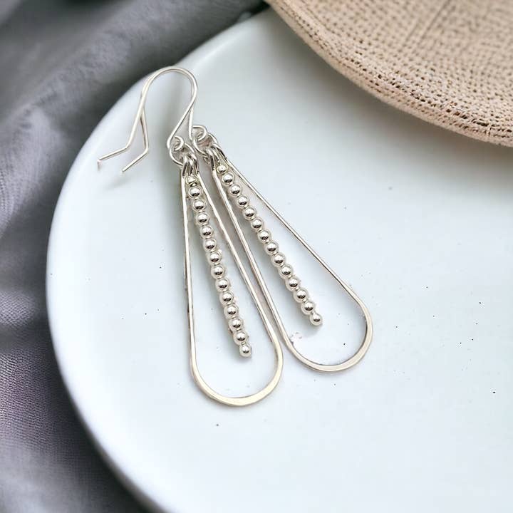 Bijou by SAM - Wholesale Dangle Earrings - Long Silver Teardrop Hoop Earrings with Silver Beads