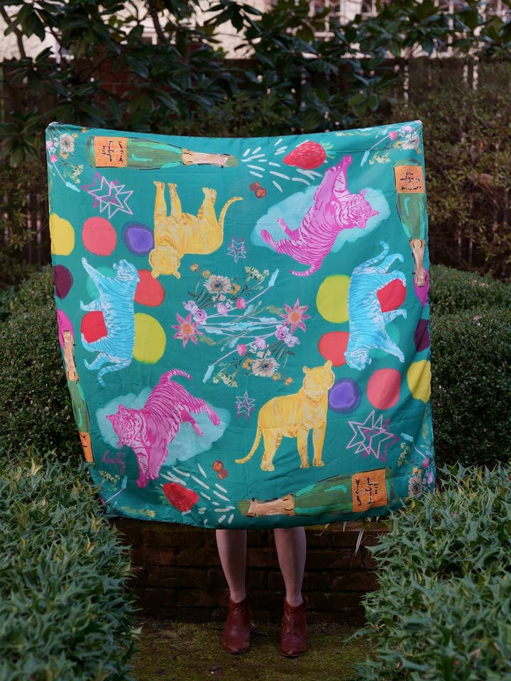 Scarf - "Flowers and Tigers and Bubbly! Oh My!" in Teal for wholesale by Dorothy Art