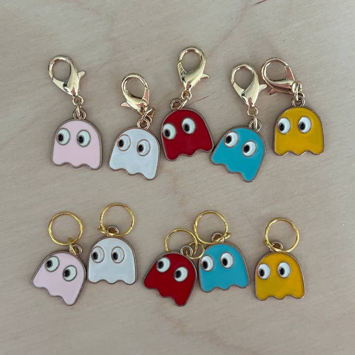 Knitting and Crochet Stitch Markers - 80s Game Ghost Retro for wholesale by Comma Craft Co