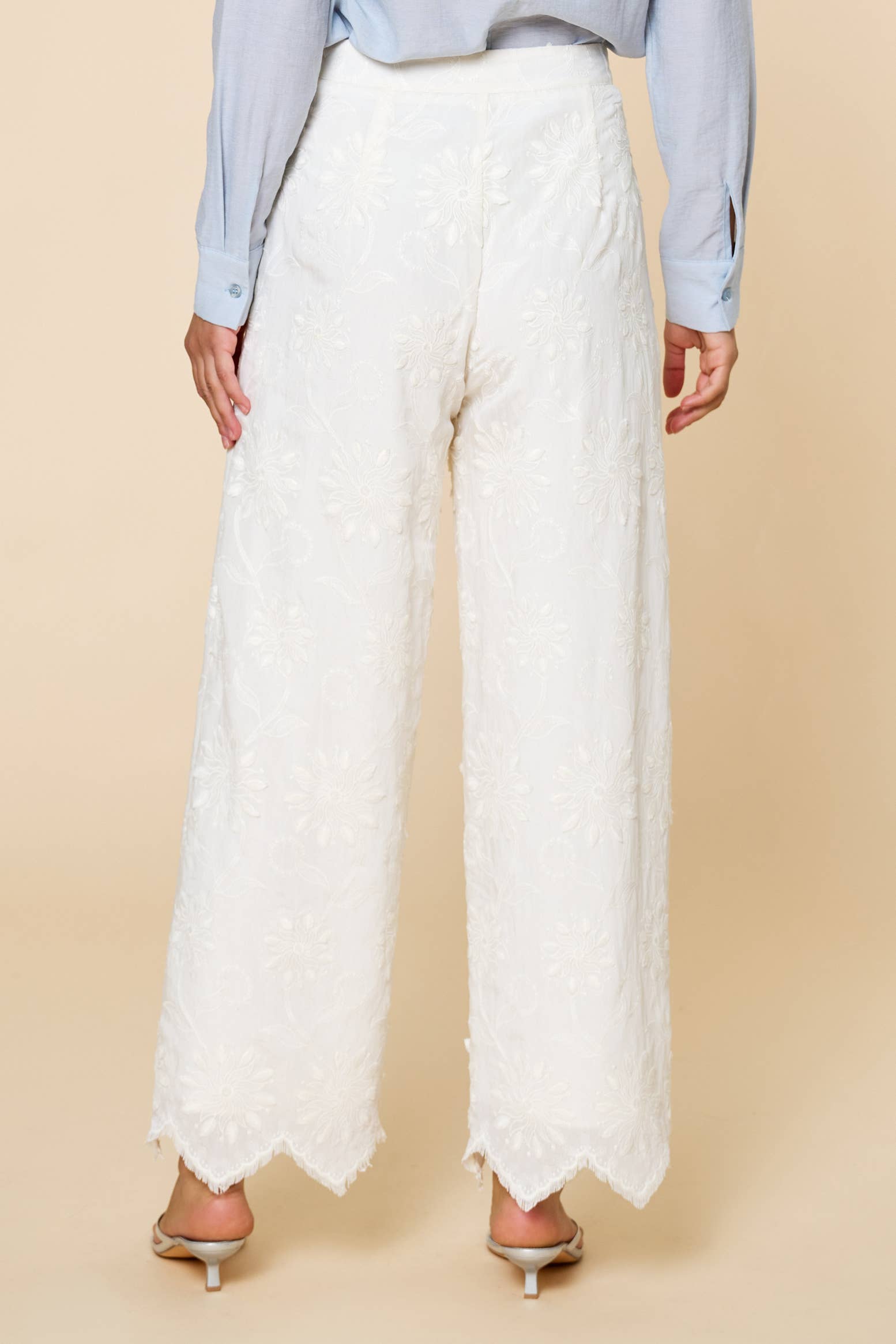 NATURAL ILP3633 Floral Embroidery Scalloped Wide Leg Pants  for wholesale on Faire2