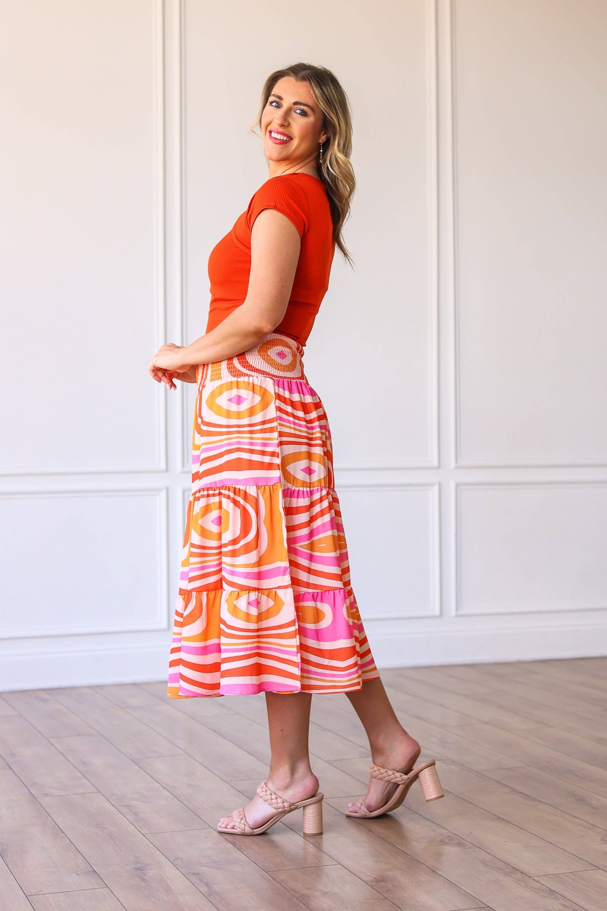 Multi The Marilyn Midi Skirt in Orange for wholesale on Faire1