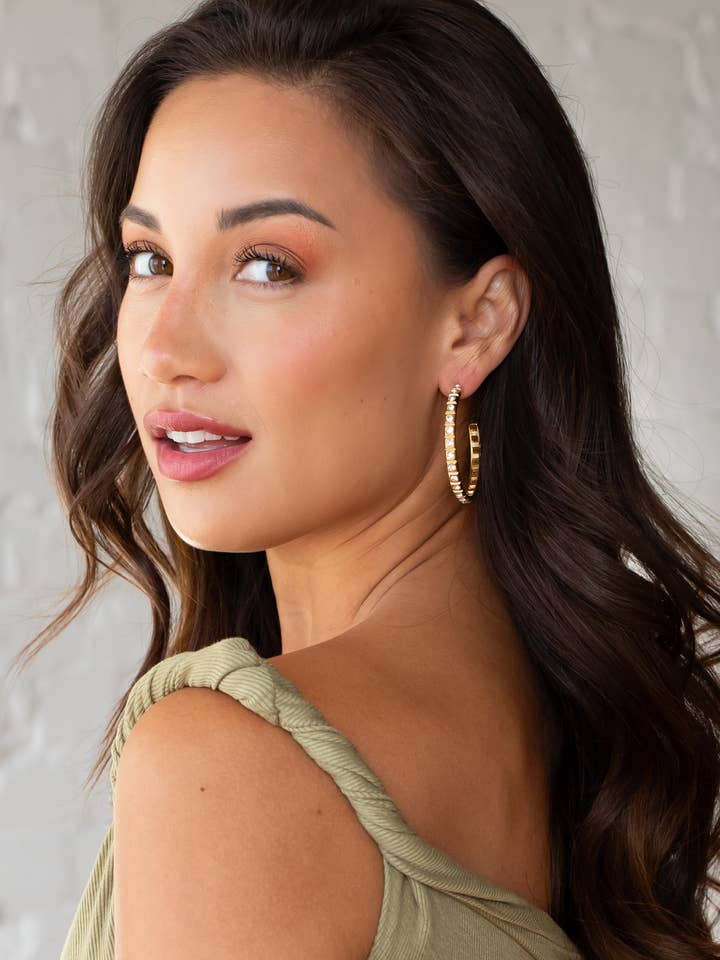 Luxe Gold Rhinestone Hoops for wholesale by Panache Apparel Co.