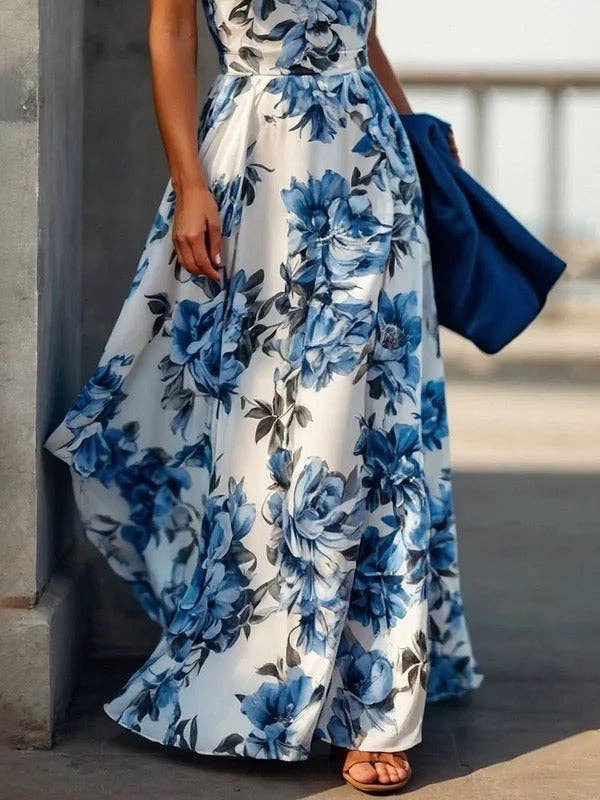 BLUE WHITE A-Line High Waisted Contrast Color Flower Print Pleated Halter-Neck Maxi Dresses for wholesale on Faire2