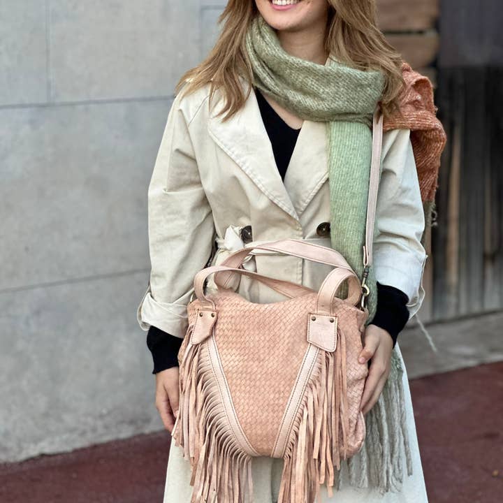 Berberwoolrug - Wholesale Schoudertas - Dames - Leren tas met geweven franjes, handgemaakte westerse gevlochten portemonnee8