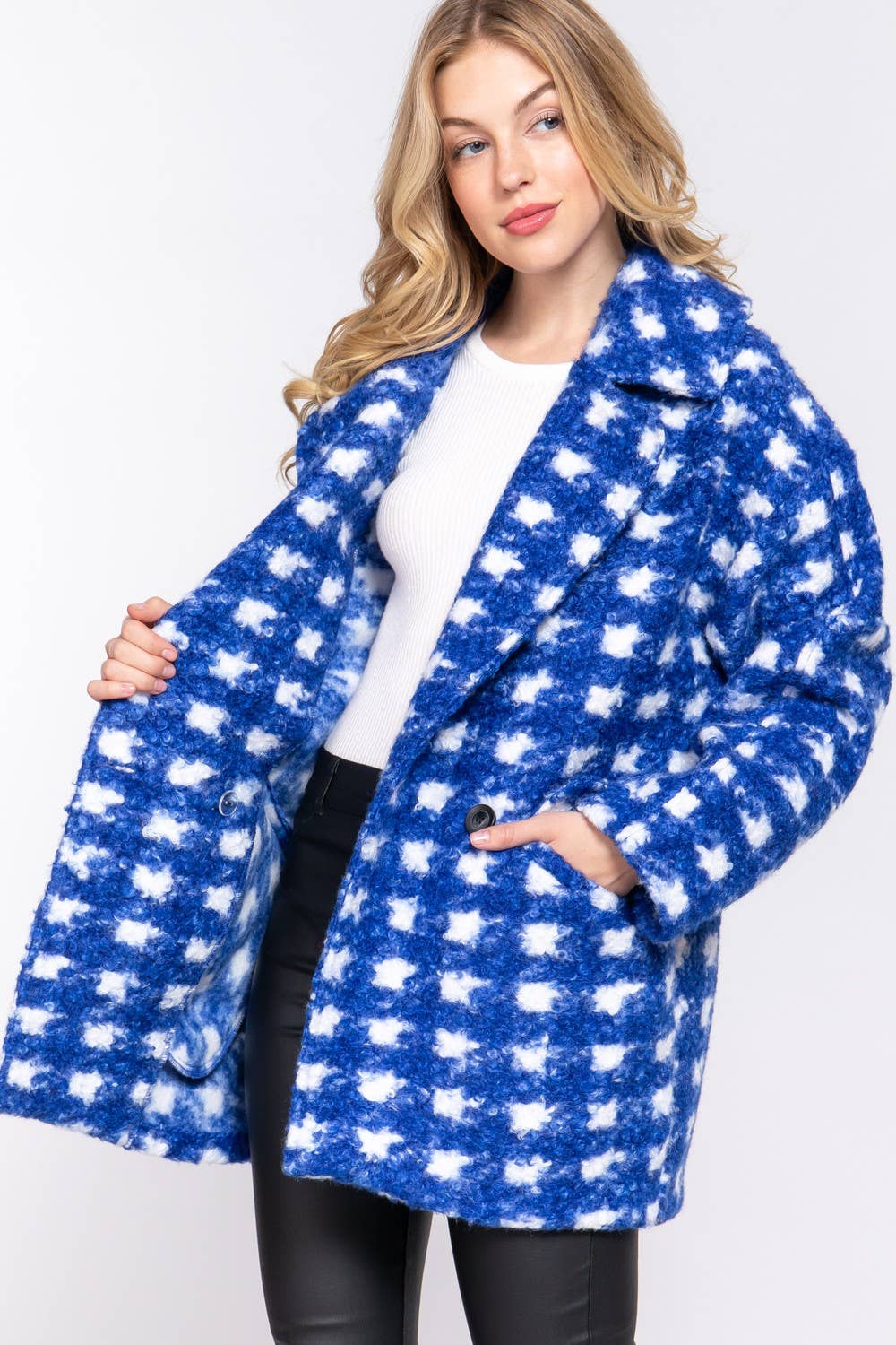 Active Basic | Active USA - Wholesale Coat - Women's - Long Sleeve Double Breasted Check Print Boucle Fleece Coat