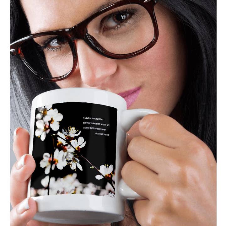 3dRose - Wholesale Coffee Mug - 3dRose, Sunlit Japanese apricot blossoms on black. Basho haiku verses, Mug9