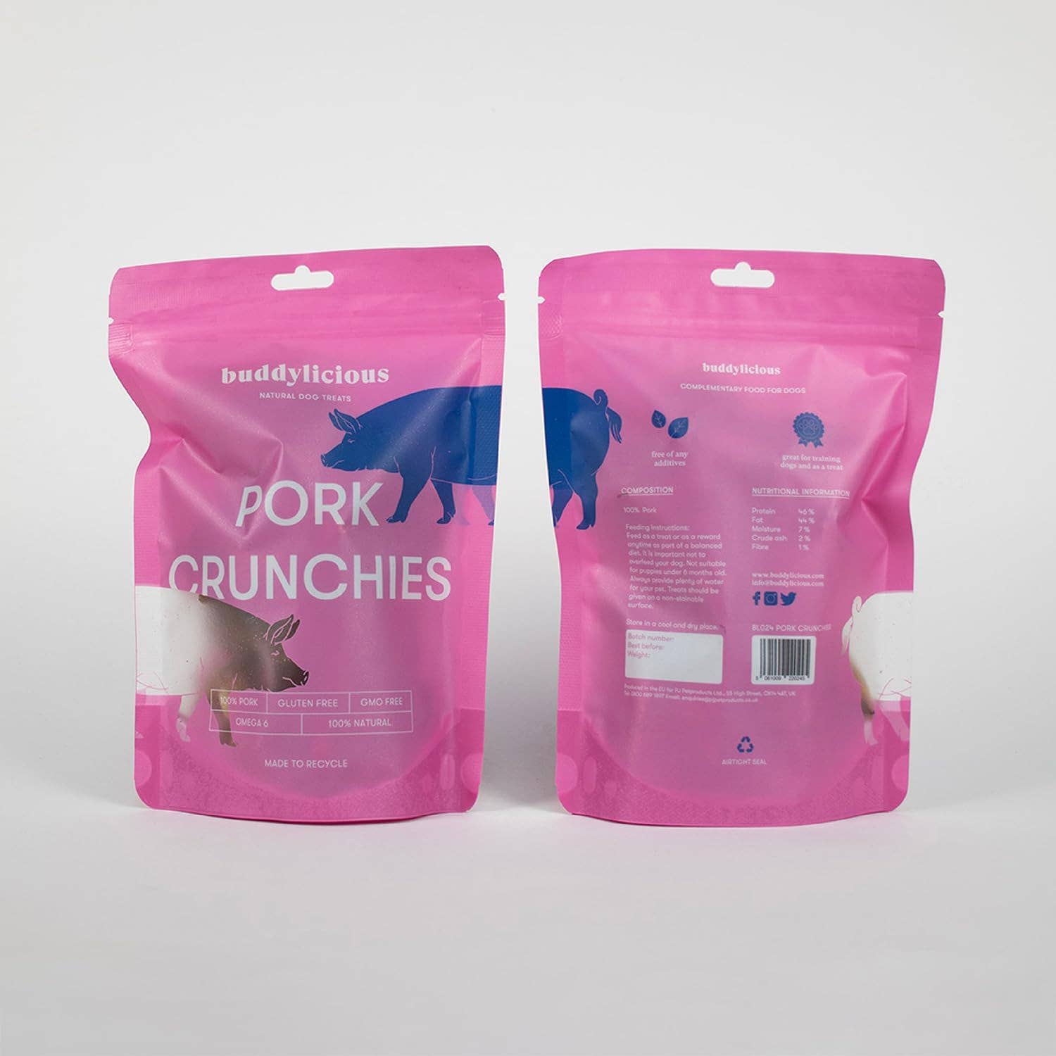 Rosa Confezione regalo Buddylicious Pink Farmyard - Snack naturali proteici per cani in vendita all'ingrosso su Faire2