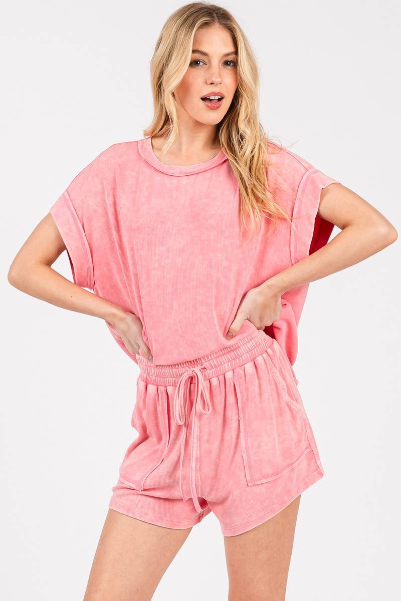 Sewn and Seen - Wholesale Lounge Set - Women's - MINERAL WASHED TOP AND SHORTS RIB SET 13