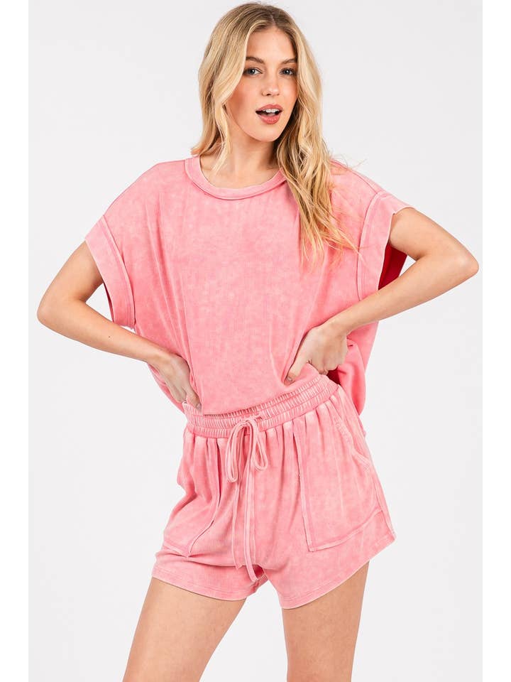 Sewn and Seen - Wholesale Lounge Set - Women's - MINERAL WASHED TOP AND SHORTS RIB SET 13