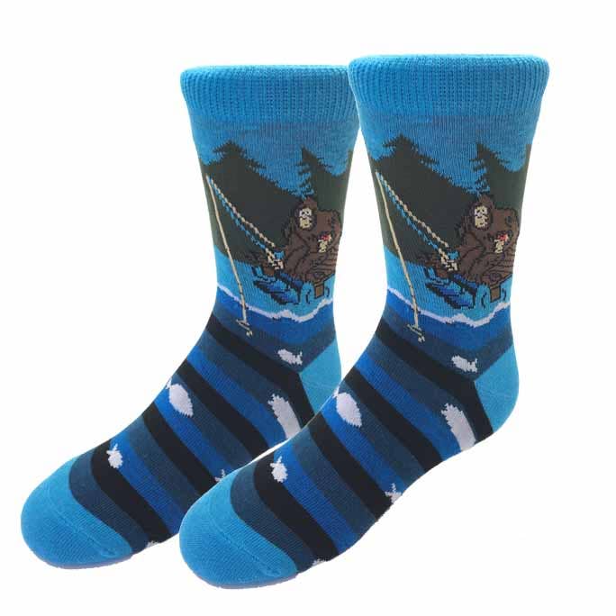 Blue Lil Bigfoot Fishing Socks for wholesale on Faire
