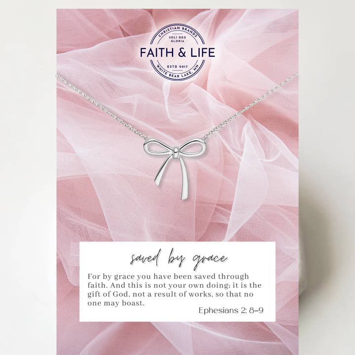 Faith & Life Christian Brands - Wholesale Pendant/Charm Necklace - Dainty "Saved By Grace" 14k Gold Inspirational Bow Necklace