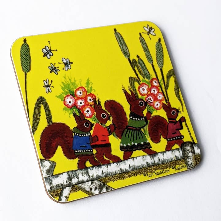 Squirrels yellow folk art cork coaster for wholesale by Kapelki Art