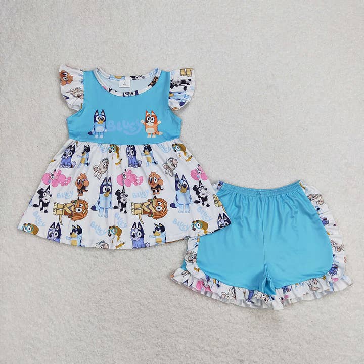 Aier Wholesale - Wholesale Top & Short Set - Kids - Baby Girls Blue Dog Flutter Sleeve Tunic Top Ruffle Shorts Clothes Sets