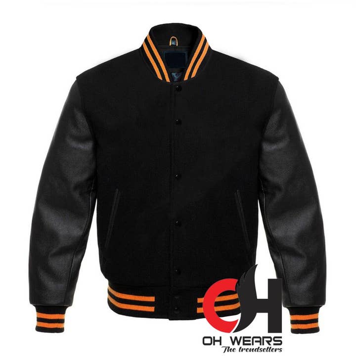 Casaco Varsity de Lã Preta e Mangas de Pele Genuína Preta por atacado de OH Wears
