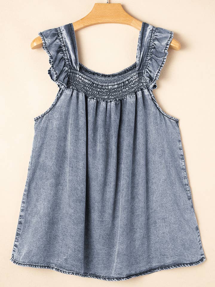 Blue Ruffled Shirred Neckline Sleeveless Denim Tank Top for wholesale on Faire