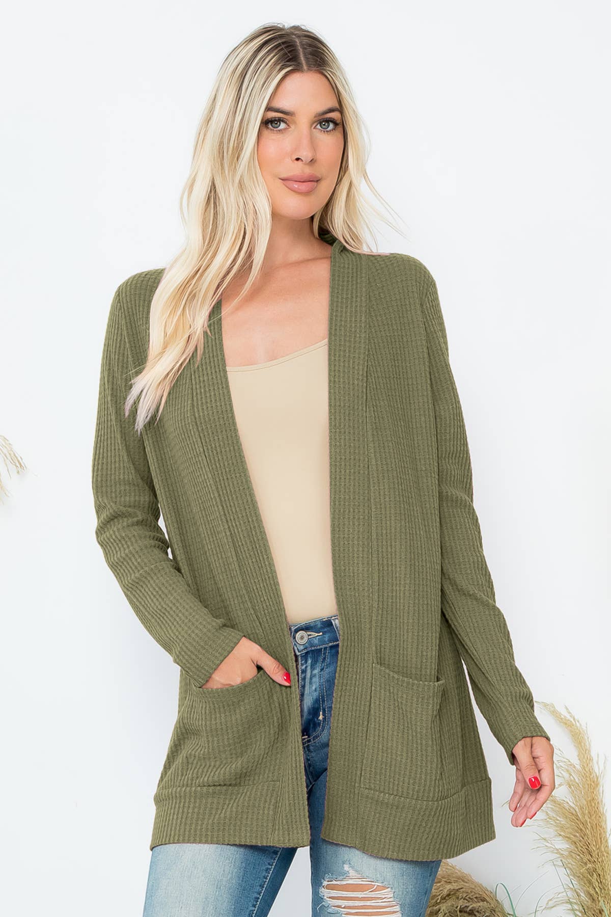 You & Me - Wholesale Cardigan - Women's - PLUS SIZE BRUSHED WAFFLE LONG SLEEVE SIDE POCKET OPEN FRONT2