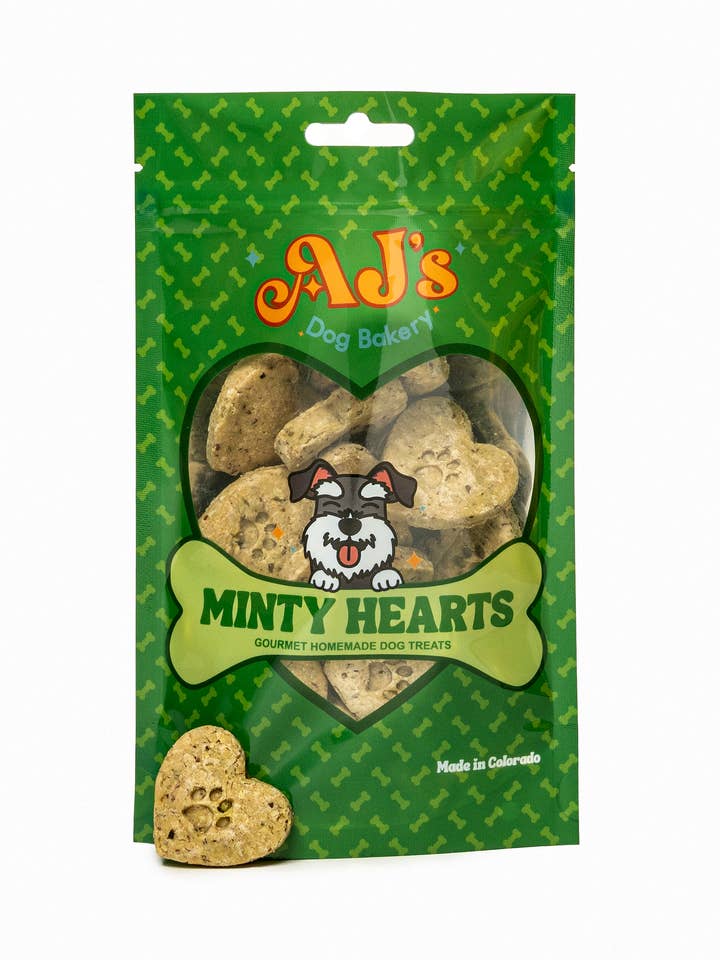 Minty Hearts for wholesale by AJ's Dog Bakery