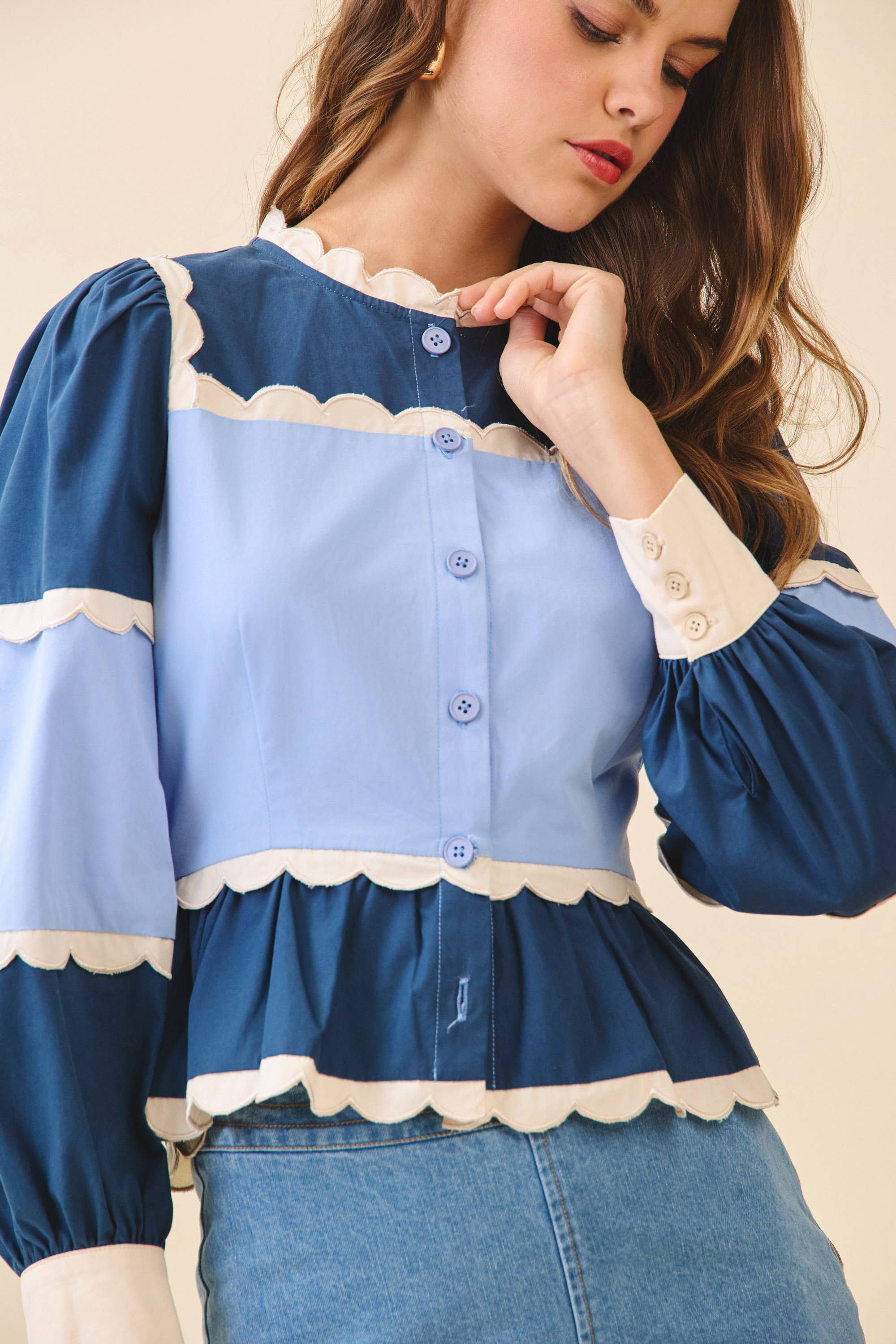 TCEC - Wholesale Button Down Shirt - Women's - CT9030S-Color Block Scalloped Detail Peplum Top