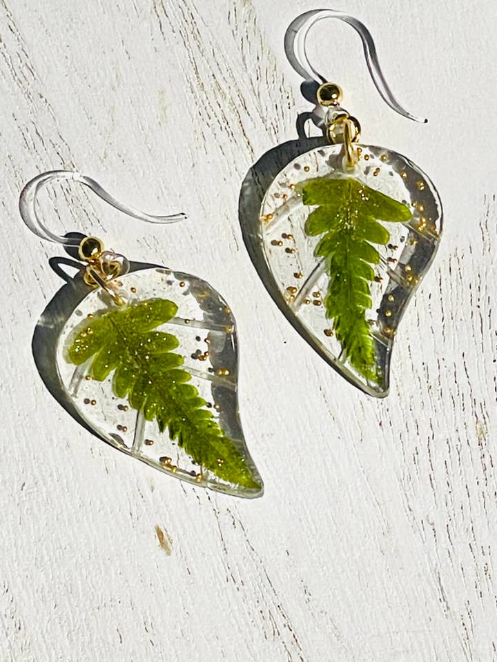 Dried/pressed ferns preserved in a leaf resin earrings for wholesale by Handmade clay and resin Jewelry