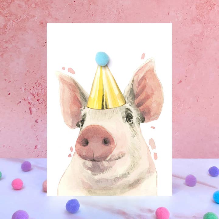 Pig Pompom Birthday Card for wholesale by Robert James Hull