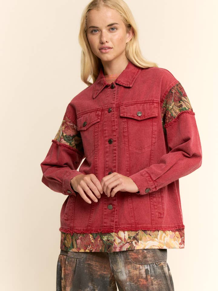 Davi & Dani - Wholesale Jacket - Women's - STONE WASHED DENIM JACQUARD PANEL MIDI JACKET