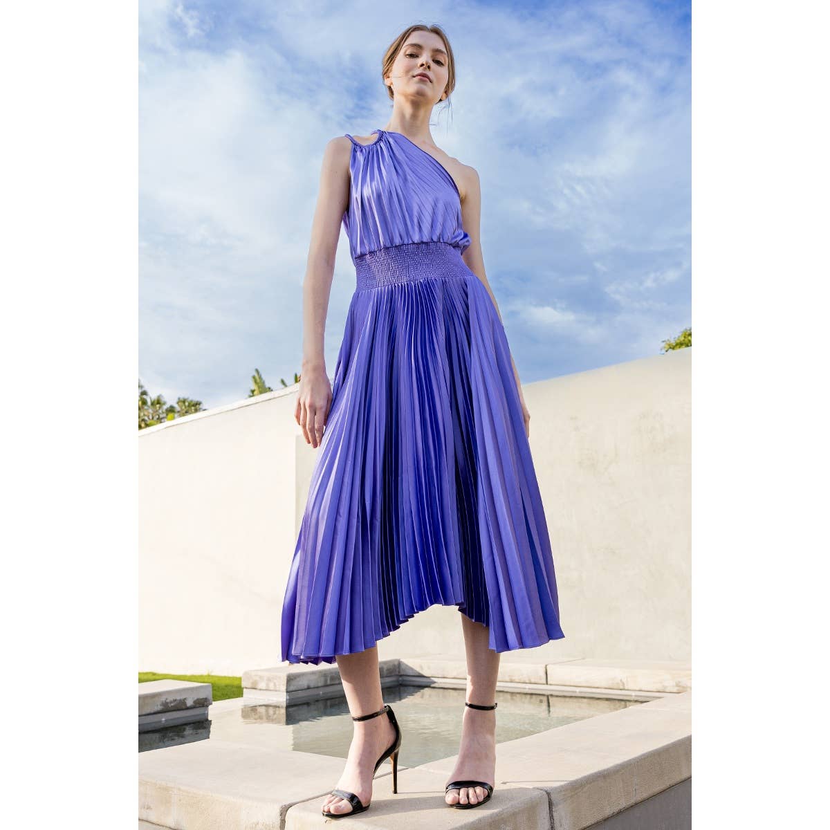 INA - Wholesale Dress - Women's - One-Shoulder Double Strap Pleated Satin Dress0
