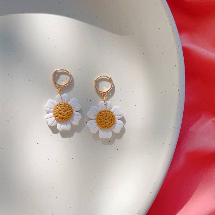 Boho Daisy Dangle Polymer Clay Earrings for wholesale by Honey Dijon