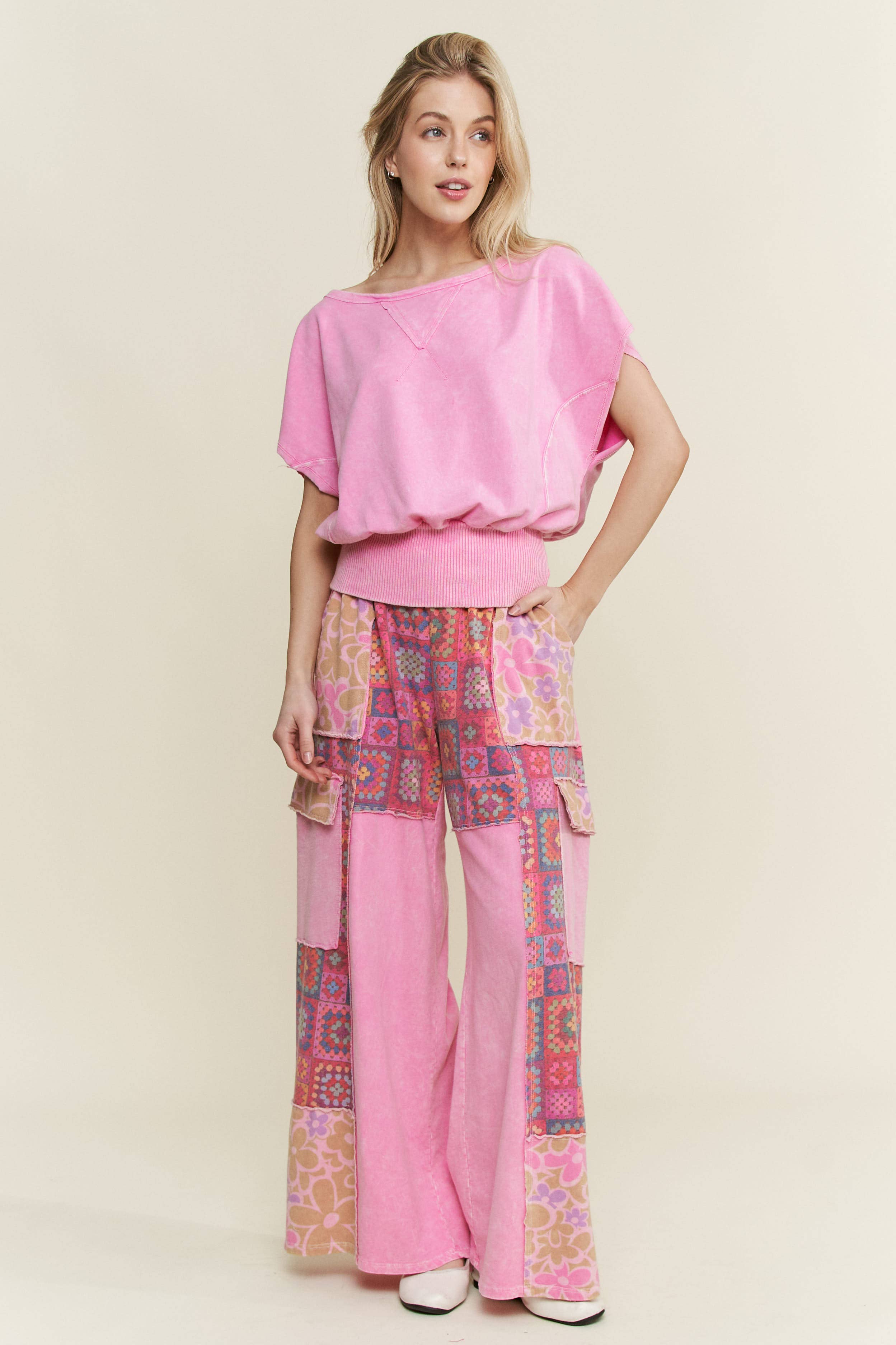 J.Her - Wholesale Pants - Women's - MineralWash Boho Crochet Floral Printed Pants HP575819