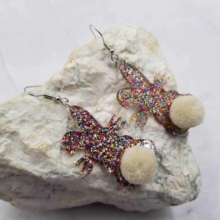 The Pretty Jewellery - Wholesale Dangle earrings - White Pom Pom Bunny Glitter Acrylic Earrings - Easter1