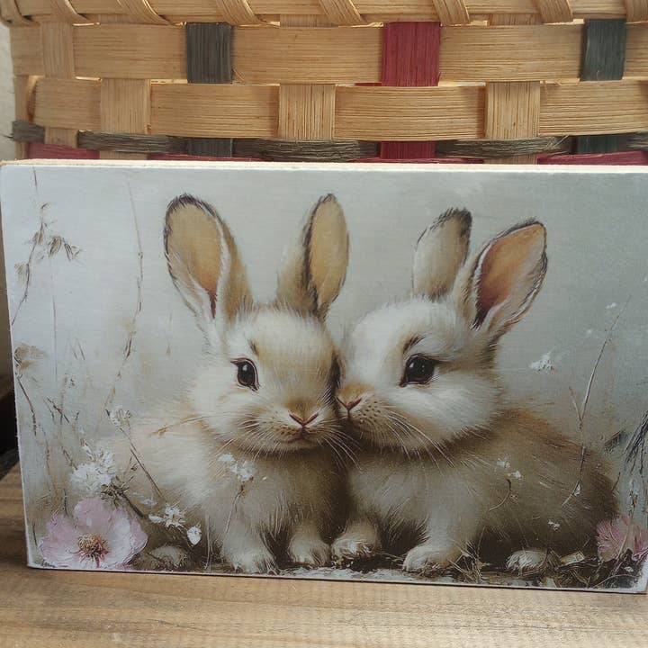 Easter Wood Block Sign - Small - Sepia Bunny Duo for wholesale by Bluegrass Burlap Co