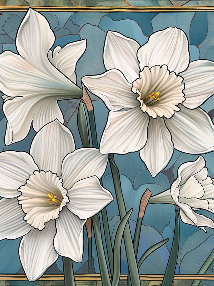 Art Nouveau December Narcissus Paperwhite geboortebloem 8"x8" kunstdruk voor wholesale door Mowbi